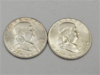 2- 1953 Ben Franklin Silver Half Dollar Coins