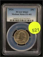 1934 PCGS MS-63 Washington Silver Quarter