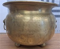Hammered brass lions head footed pot with Russian