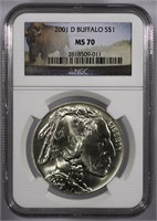 2001-D Buffalo Commem Silver Dollar NGC MS70