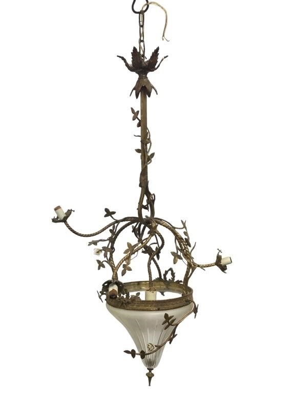 Antique Gilt Metal Clg Lamp w Lalique Style Glass