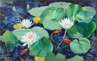 MARY BISHOP PAINTING OF WATER LILLIES AND KOI