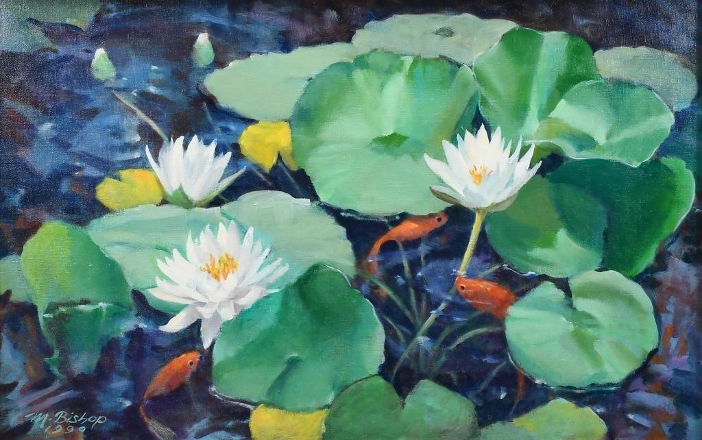 MARY BISHOP PAINTING OF WATER LILLIES AND KOI