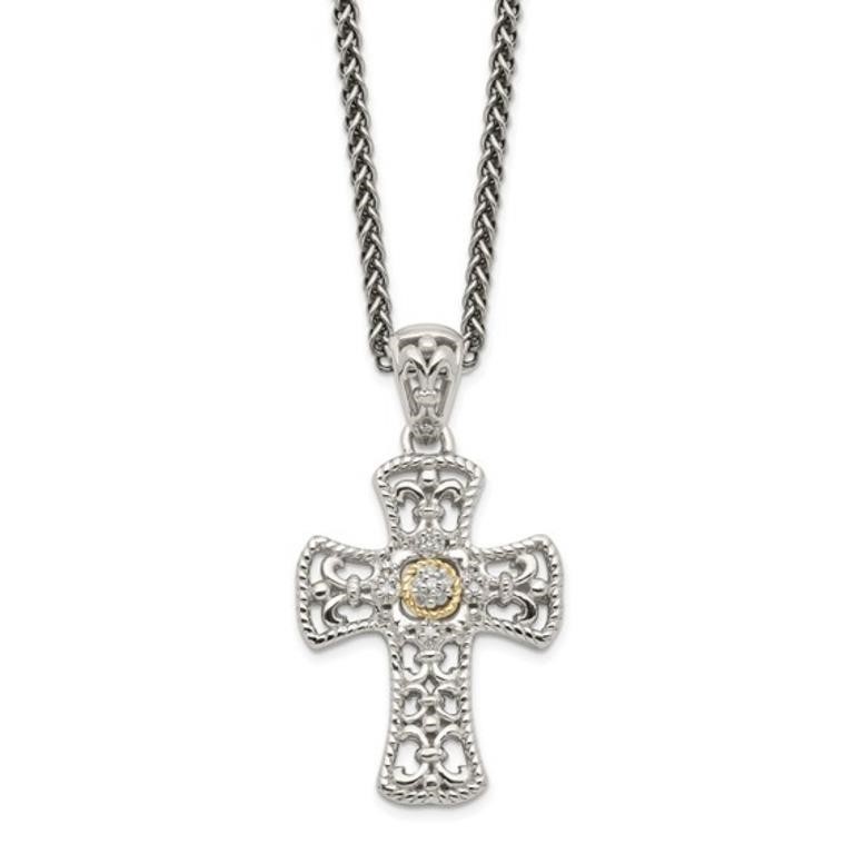 Sterling Silver 14 Kt  Diamond Cross Necklace