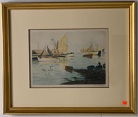 Signed print, fishing boats in gold frame.