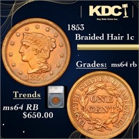 1853 Braided Hair Large Cent 1c Graded ms64 rb By