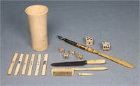 Carved Bone Game Pieces, Dip Pen, etc.