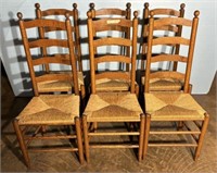 6 Oak Rust Seat Ladder Back Chairs