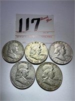 5 - Franklin Half Dollars ( 2 - 1953 & 3 - 1954 )