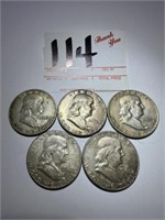 5 - Franklin Half Dollars - 49, 52, 59, 63, & 1963