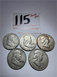 5 - Franklin Half Dollars ( 1 - 1961 & 4 - 1962 )