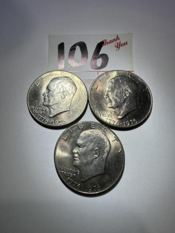 3- 1776-1976 Eisenhower Bicentennial Dollar Coins