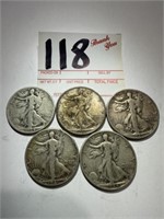 5 Walking Liberty Half Dollars 34, 36, 39, 41,& 44