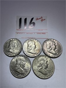 5 - 1951 Franklin Half Dollars