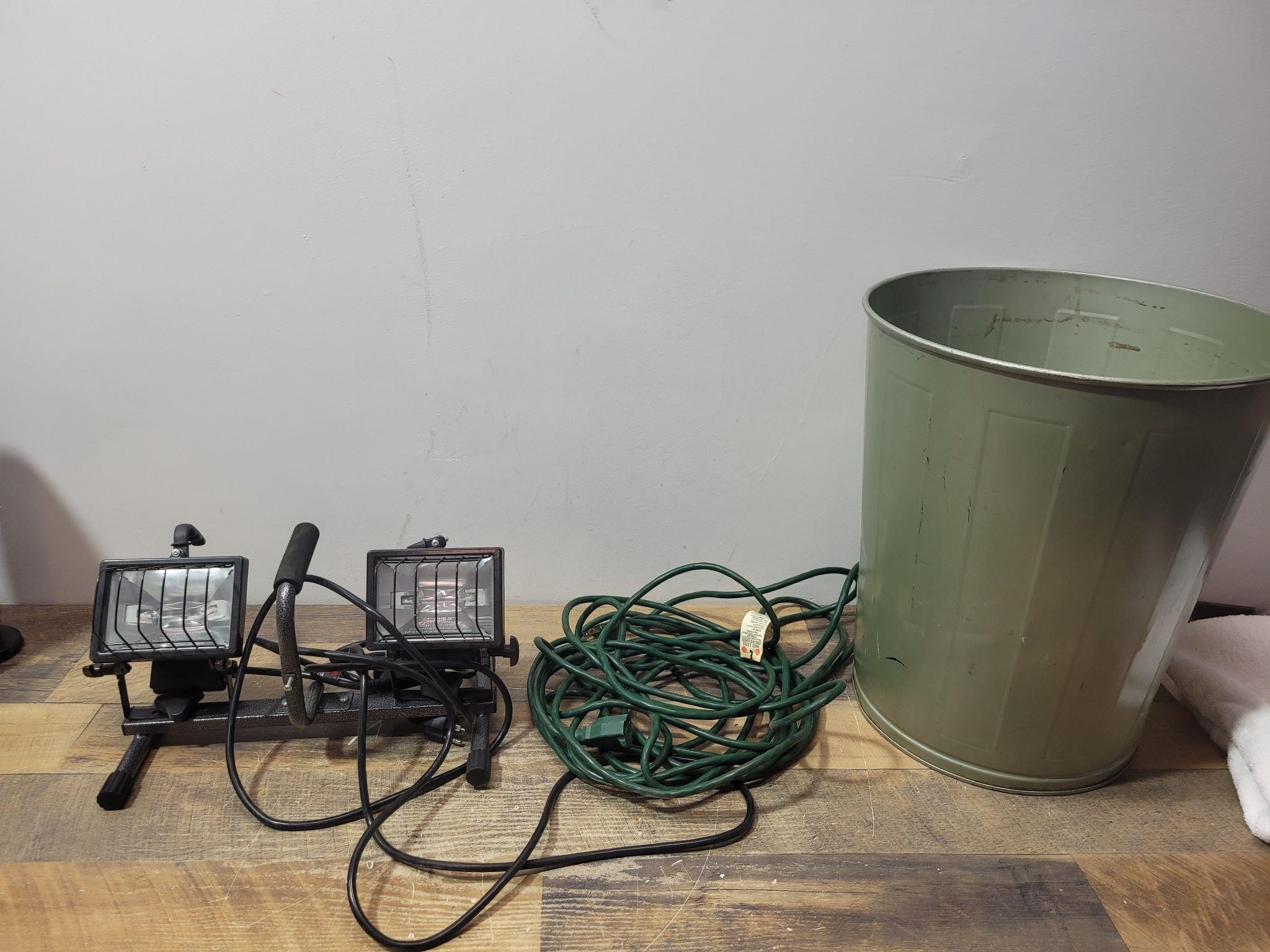 Halogen Lights, Cord & Garbage Can