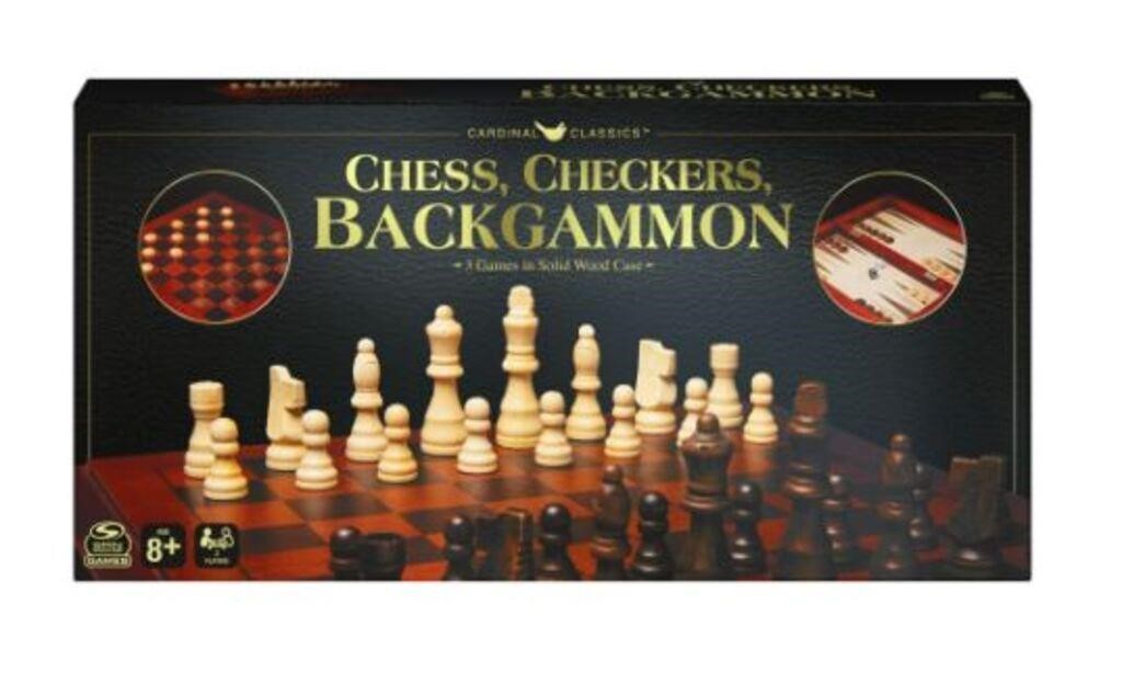 $26 CARDINAL Wood Chess, Checkers,Backgammon set