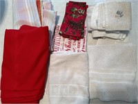 Towels, table cloths, basket