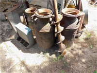 37"x37" metal table, vice, milk cans, buckets, oil