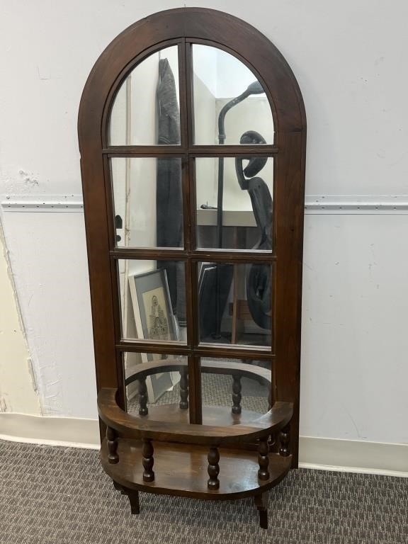 Tall Antique 8 Panel Hall Mirror w/Railed Shelf