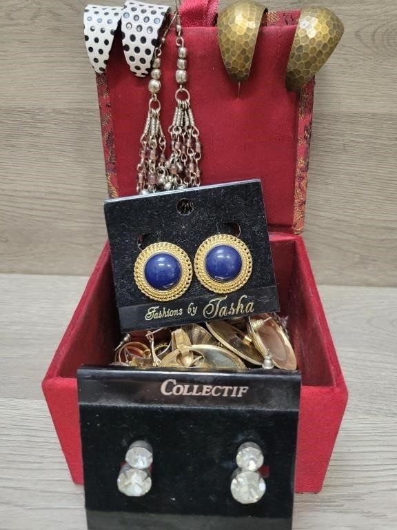 Bejeweled Box of Earrings Hoops, Hearts, Dangles