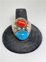 Men's Sterling Large Native Turquoise/Coral Ring