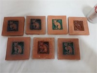 7 handmade signed tiles, cats
