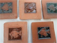 5 handmade signed tiles, fish