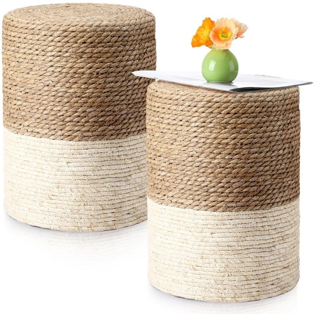 2 Pcs 15   Ottoman Pouf Natural Seagrass Braided