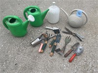 Gardening, hand, tools, and plastic water cans