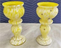 2 Vintage Yellow Bohemian Swirl Glass Vases