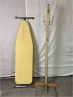Vintage Ironing Board and Wooden Coat Tree