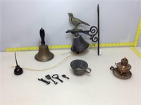Brass and metal lamp base, bells,  oil can and
