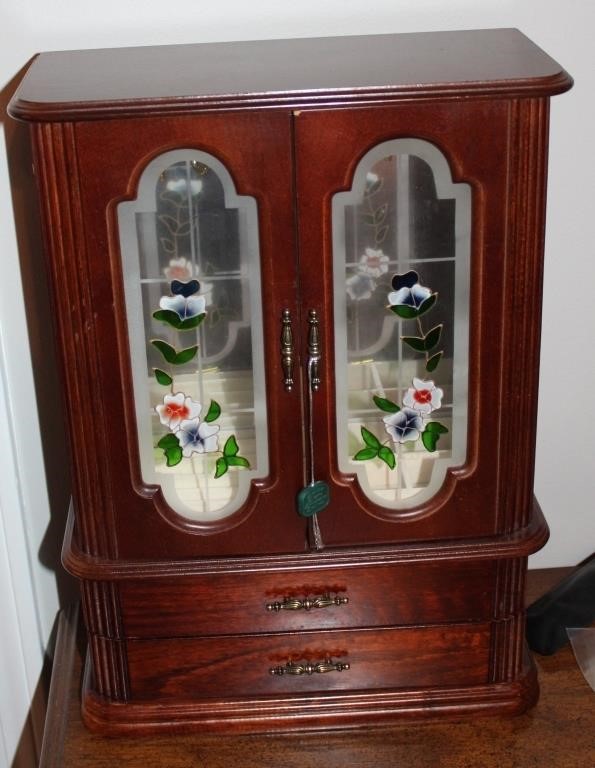 Tall Wooden Jewelry Box w Floral Windows