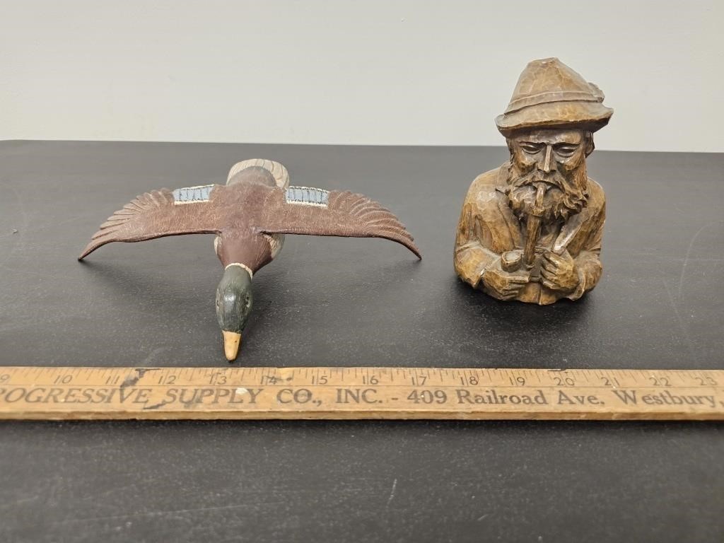 Wooden Flying Duck & Carved Man w Pipe