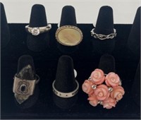 6 Rings - Size 9 - Marks: 925, China, GSJ, Rose