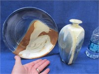 nice handmade pottery bowl & vase (signed)