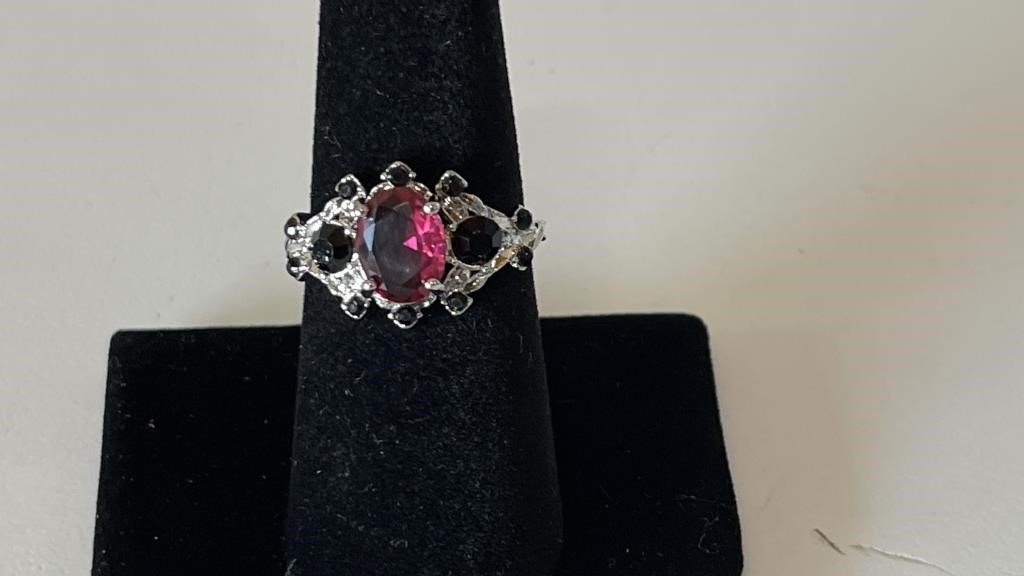 Pink Stone with Black Diamond Accent Ring