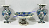 Matching Painted Pottery Fruit Bowl & Vases