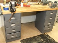 work station with 2 metal file cabinets, butcher