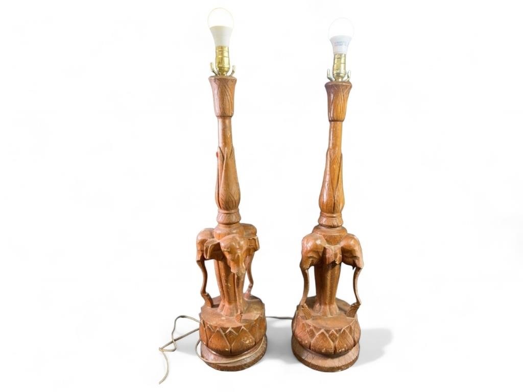 Set of 2 Wood Carved Elephant Base Lamps