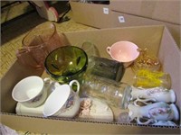 Assorted glassware, decor, cups, A&W root beer