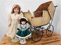 Antique Wicker Doll Stroller & 2 Dolls