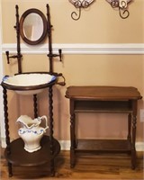 Vintage Wash Station and Side Table with Book Rack