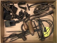 Flat of Cattle Tack, Cast Iron Crank Handles, and