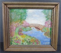 Signed Framed Painting of River and Bridge