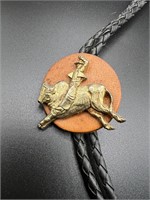 Beautiful Vintage Bolo Tie w/Bull Rider on Leather