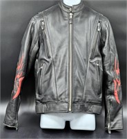 Leather Motorcycle Racer Jacket w Flames Sz 42