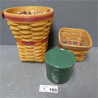 (2) Longaberger Baskets - Green Crock w/ Lid