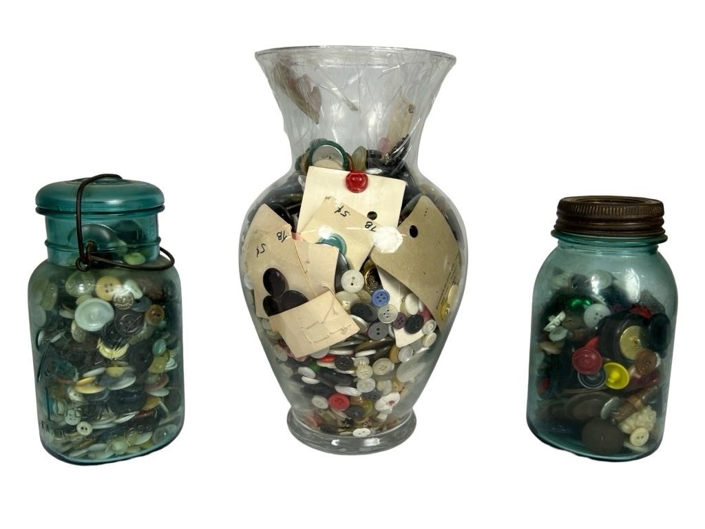 3 Jars Filled with Antique and Vintage Buttons