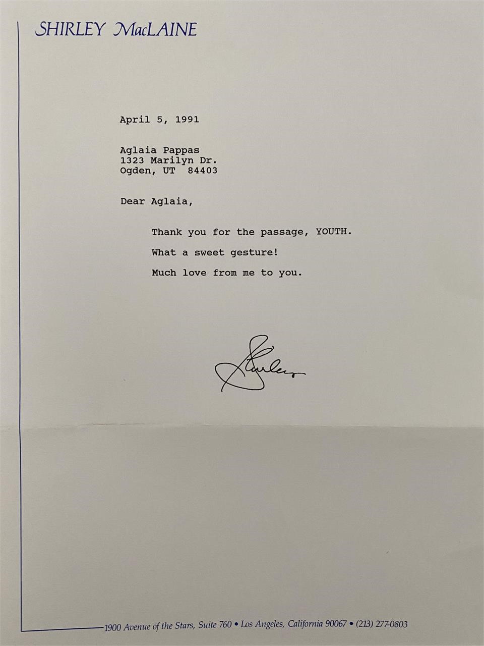 Shirley MacLaine signed letter